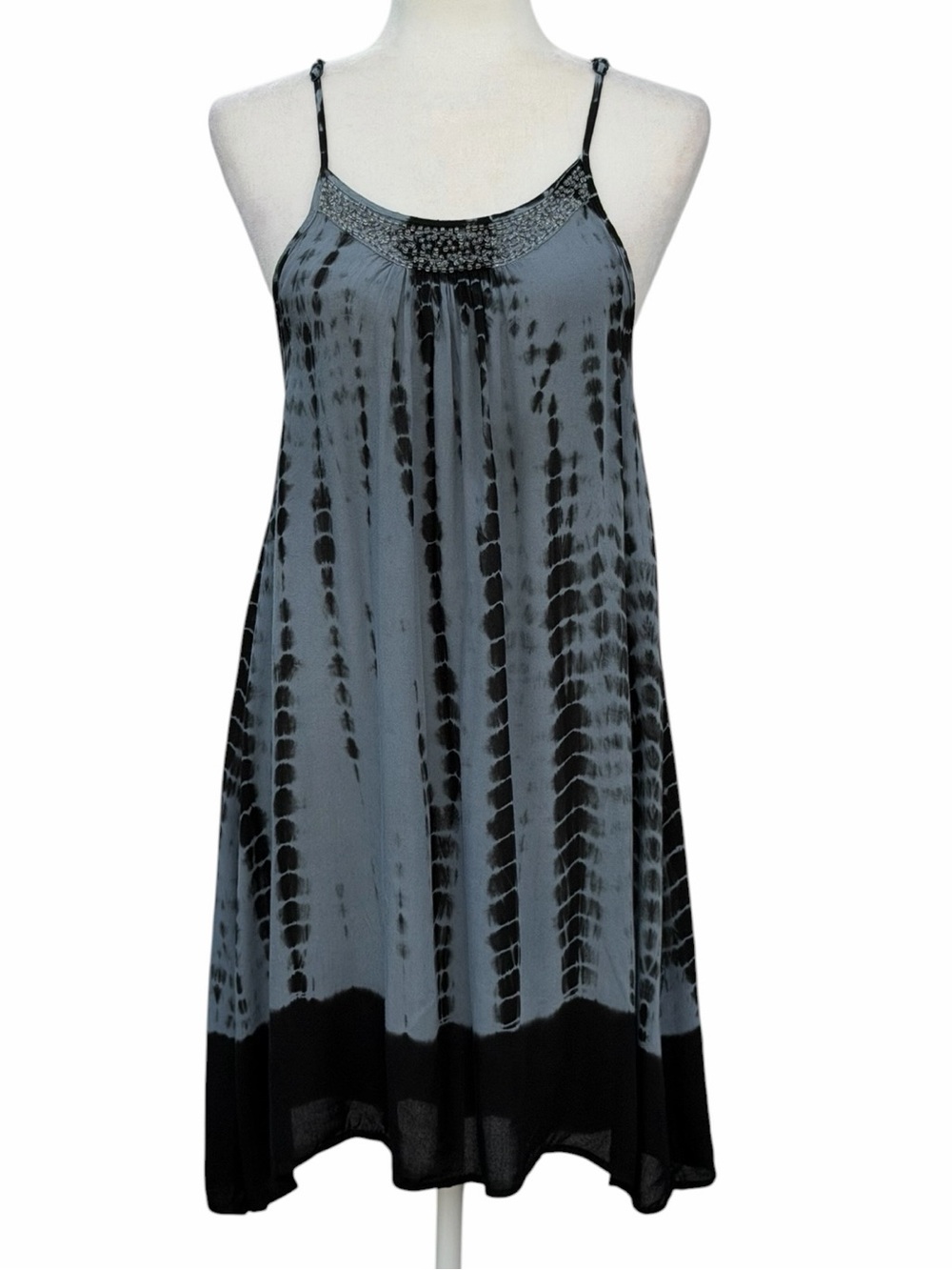 Raviya Beaded Chest Blue & Black Tie-Dye Spaghetti Strap Mini Dress, Women's M